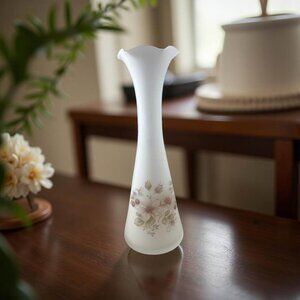 Vintage Viking Satin Frosted Glass Vase With Floral Design 8 Ruffled Top